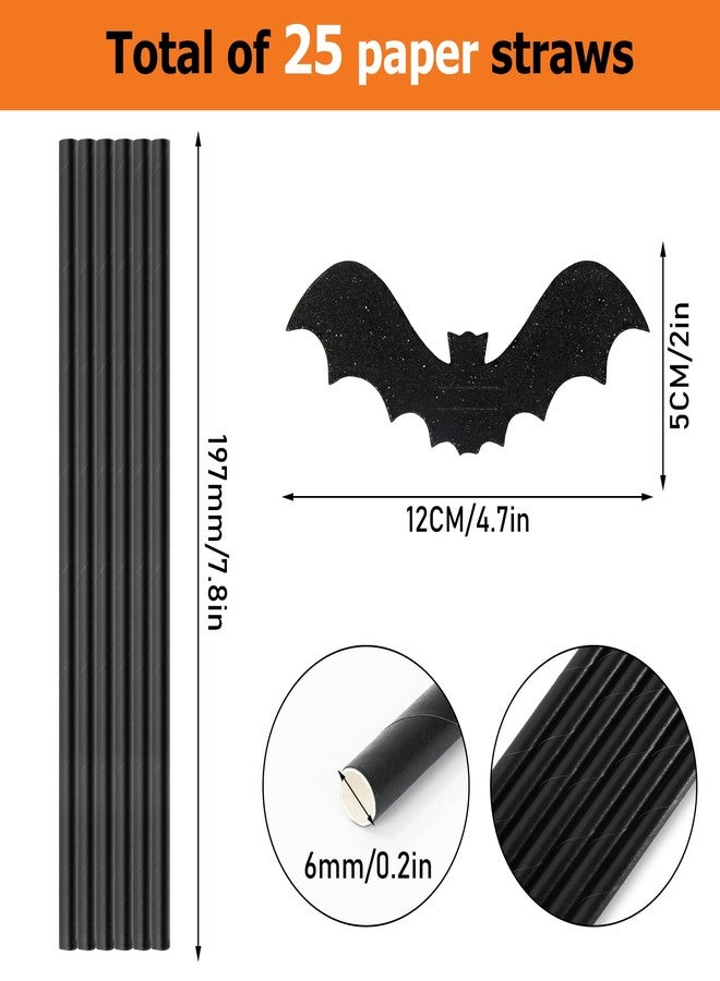 Whaline Halloween Paper Straws Glitter Bat Disposable Paper Straws Black Drinking Straw Halloween Bat Decorative Straw for Party Supplies Decoration, 25Pcs - Image 2